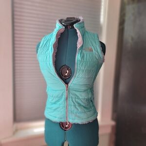 North face reversible vest turquoise/gray girls small 7/8